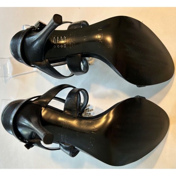 Women's Aldo Strappy Sandals Size 7 Black Silver Rhinestone Flower 4 Inch Heels - Picture 7 of 8